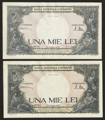 Romania, 2 consecutive 1000 lei 1945_fără pliuri_serie W.3751_0236/0237 foto