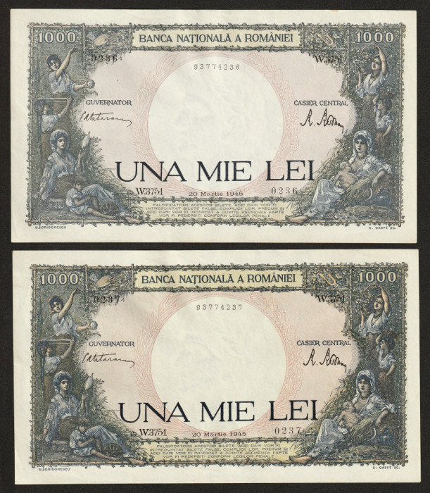 Romania, 2 consecutive 1000 lei 1945_fără pliuri_serie W.3751_0236/0237