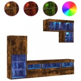 Cumpara ieftin Unitati de perete TV cu LED-uri, 6 piese, stejar fumuriu, lemn