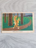 Carte poștală veche Paște 1954 Ungaria - Rom&acirc;nia, ilustrație iepurași, timbre