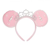 Bentiță Păr Urechi Roz Coroană Stras Mărgele Albe - Accesoriu Festiv Crăciun, Fetru/Cristal/Perle