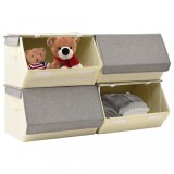 Set cutii depozitare stivuibile capac 4 buc., gri&amp;crem, textil