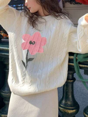 Pulover din tricot, cu imprimeu floare si maneca lunga, alb, dama, Shein foto