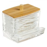 Suport Betisoare Igienice, Model Acrilic cu Capac Bambus, Transparent, 9x7x7cm, Oem