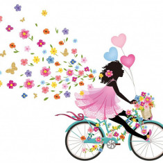 Sticker decorativ, Fata pe bicicleta cu fluturi, 90 cm, 1141STK-1