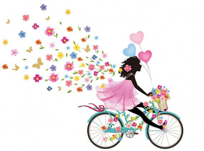 Sticker decorativ, Fata pe bicicleta cu fluturi, 90 cm, 1141STK-1 foto