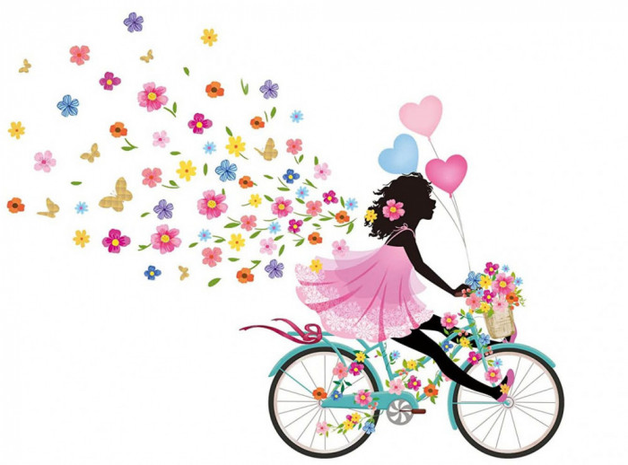 Sticker decorativ, Fata pe bicicleta cu fluturi, 90 cm, 1141STK-1