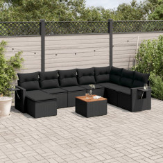 vidaXL Set mobilier de grădină cu perne, 9 piese, negru, poliratan