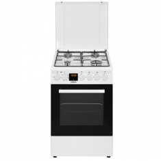 Aragaz mixt Samus SM563AENS WHITE, 4 arzătoare gaz, Aprindere electrică, Cuptor electric cu 7 funcții, Grill, 43 L, Display, 49.8x61 cm, Alb