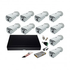 Kit profesional 10 camere supraveghere 2MP, Smart IR 80m, IP67, carcasa metalica + DVR 16 canale 5MP + Sursa + Cablu + Mufe foto