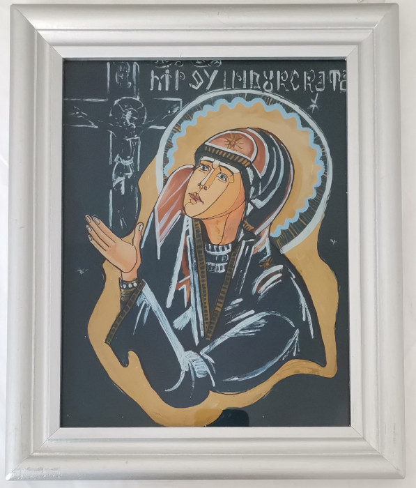 Icoana pictată pe sticla Maica Domnului &Icirc;ndurerată inramata 28x34cm