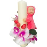 Lumanare Botez EVENTISSIMI - Orhidee si Somnoros, 30 cm, Alb Roz