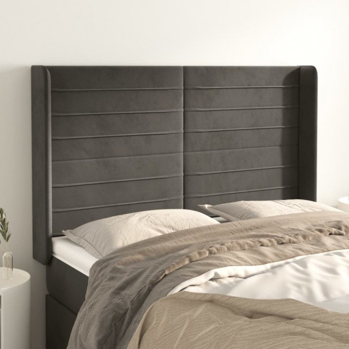 vidaXL Tăblie de pat cu aripioare gri &icirc;nchis 147x16x118/128 cm catifea 3119769