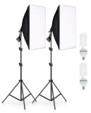 Cumpara ieftin Set 2 Lampi Softbox pentru Studio + Suport Trepied Reglabil 80-200cm Andoer 2 x bec 150W