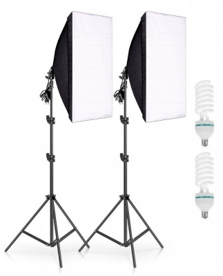 Set 2 Lampi Softbox pentru Studio + Suport Trepied Reglabil 80-200cm Andoer 2 x bec 150W foto