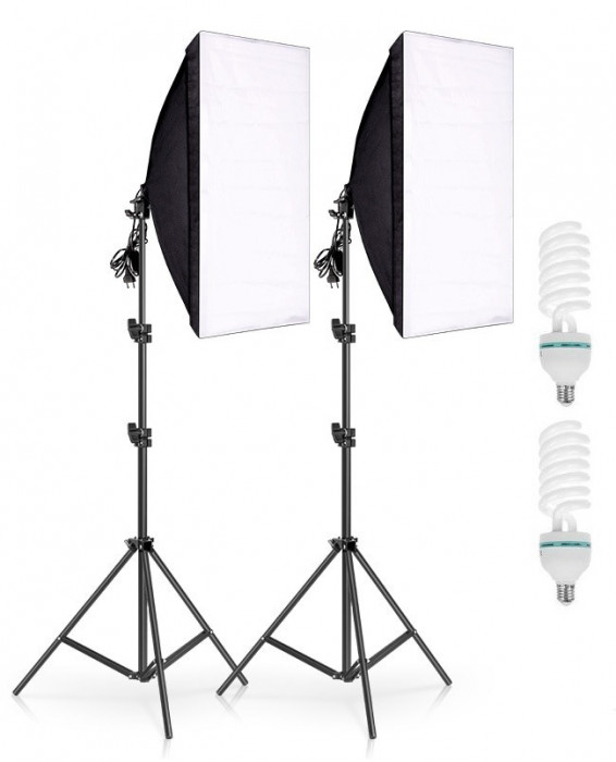 Set 2 Lampi Softbox pentru Studio + Suport Trepied Reglabil 80-200cm Andoer 2 x bec 150W