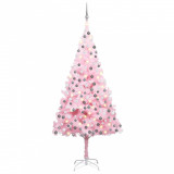 Set pom Crăciun artificial cu LED-uri&amp;globuri, roz, 240 cm, PVC