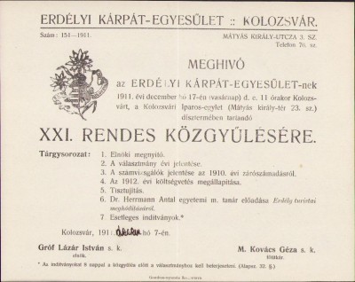 A693 Invitație Erd&amp;eacute;lyi K&amp;aacute;rp&amp;aacute;t Egyes&amp;uuml;let, E.K.E., meghiv&amp;oacute;, 1911, Cluj foto