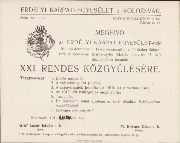 A693 Invitație Erd&eacute;lyi K&aacute;rp&aacute;t Egyes&uuml;let, E.K.E., meghiv&oacute;, 1911, Cluj