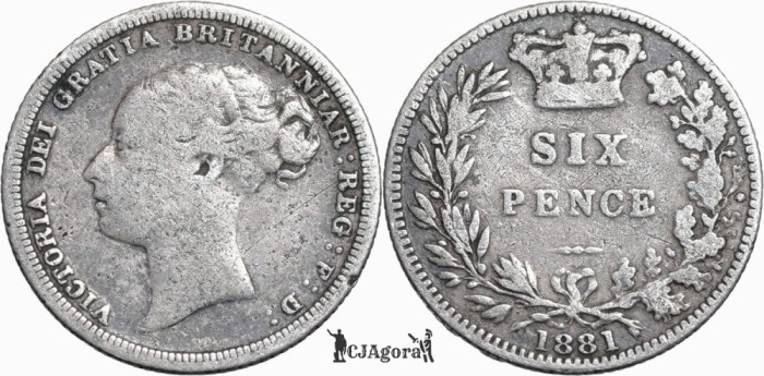 1881, 6 pence - Victoria ( 1st portrait ; 3rd type ) - Regatul Unit