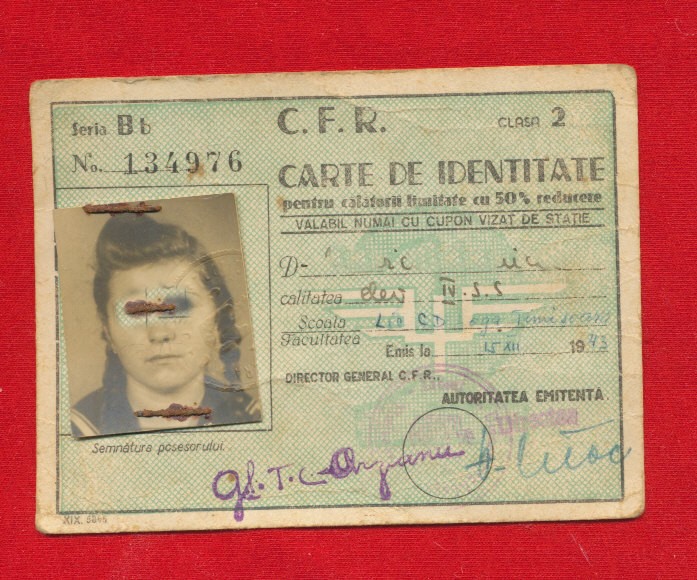 CARTE DE IDENTITATE CFR Legitimatie reducere elev emisa in anul 1943