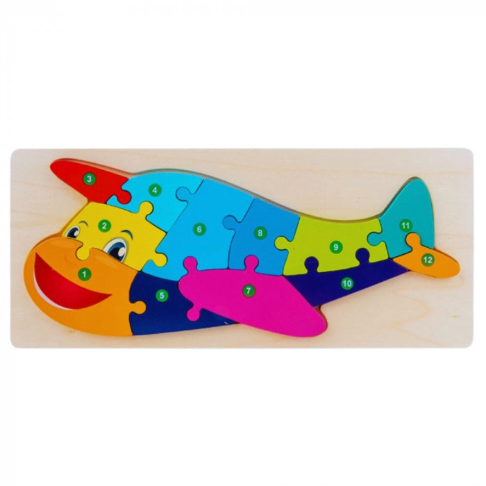 Puzzle 3D educativ incastru Montessori numerotat cu avion, Onore, multicolor, lemn, 30 x 13 x 1 cm,