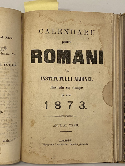 carte veche Calendar pentru Romani al Institutului Albina 1873
