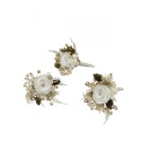 Set 3 Cocarde cu miniroze si flori naturale uscate alb-auriu
