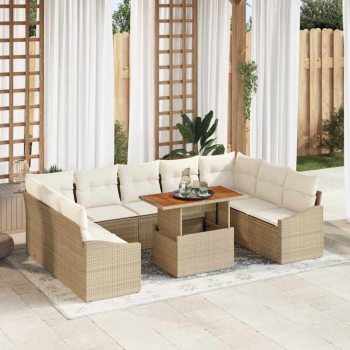 Set de canapele de grădină cu 10 piese și perne bej din rattan poliesteric.