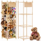 Organizator vertical pentru jucarii si plusuri,din lemn natural de pin,cu corzi elastice laterale pentru acces rapid,design tip turn pentru economi