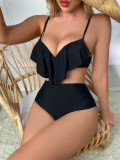 Set costum de baie, sutien cu volan si bikini cu talie inalta, negru, dama, Shein