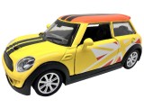 Macheta Mini Cooper Racing galben 1:32 replica metal lumini si sunete usi deschise