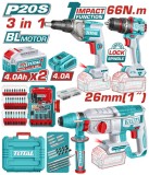 Kit combo TOTAL 20V 3-&icirc;n-1: masina gaurit cu impact, surubelnita, rotopercutor