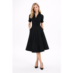 Women's Shirt Collar Midi Black Dress