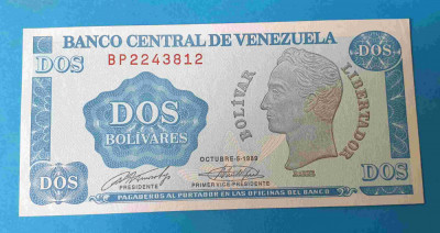 Bancnota veche Venezuela 2 Bolivares 1989 UNC foto