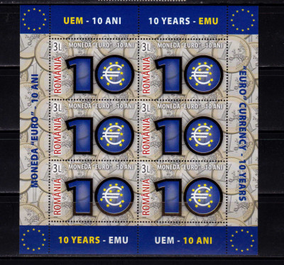 RO 2009 LP 1825a &amp;quot;10 ani moneda EURO&amp;quot; , minicoala 6 marci folio aur ,MNH foto