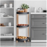Etajera de colt cu picioare de lemn si 3 rafturi de plastic de culoare neagra si baza cu gauri, 33x33x80 cm
