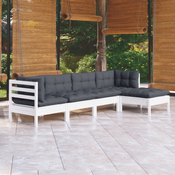 vidaXL Set mobilier grădină cu perne, 5 piese, alb, lemn de pin 3096359