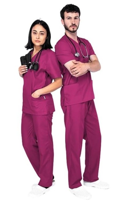 Costum medical unisex MAZALAT work wear, 1 pantalon + 1 tricou, mov, marime S - OUTLET