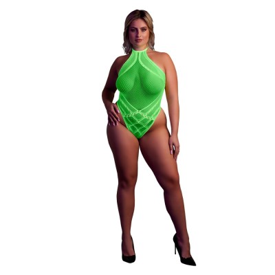 Halter Tie Neck Bodysuit Neon Green Plus Size foto