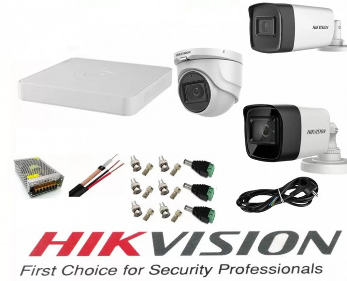 Sistem supraveghere video Hikvision 3 camere 5MP, 2 exterior Turbo HD IR 80 M si IR 40 M si 1 interior IR 20m cu full accesorii SafetyGuard Surveillan