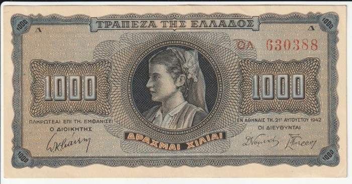 Grecia, 1000 drahme 1942_aUNC_Grecoaica/ Leului din Amphipolis * 630388