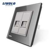 Cumpara ieftin Priza dubla telefon Livolo, gri, cu rama din sticla rezistenta