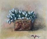 Lucrare / desen Vas cu ghiocei, artist roman, posibil Georges Dumitresco / Dumitrescu, 20 x 17 cm, tehnica mixta pe carton subtire