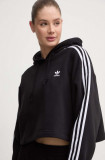 adidas Originals bluză Adicolor Classics Crop Hoodie femei, culoarea negru, cu glugă, cu imprimeu IB7388
