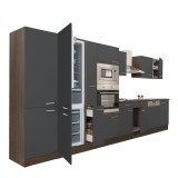 Mobilier de bucătărie Yorki 420, cu corp din stejar Yorki, fațade antracit cu finisaj satinat, cu frigider cu congelator &icirc;n partea de jos, fără blat d