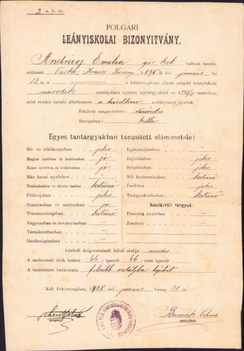 HST A1537 Certificat școlar 1908 elevă rom&acirc;ncă din Caraș - Biserica Albă