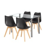 Set Masa si 4 Scaune Leziter Velon 4+1, Blat Sticla, Otel Inoxidabil, Scaune Negre Polipropilena, Modern, Alb-Negru
