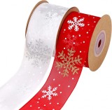 Set de 2 role de panglica pentru Craciun Hileyu, poliester, alb/rosu, 9,14 m x 4 cm