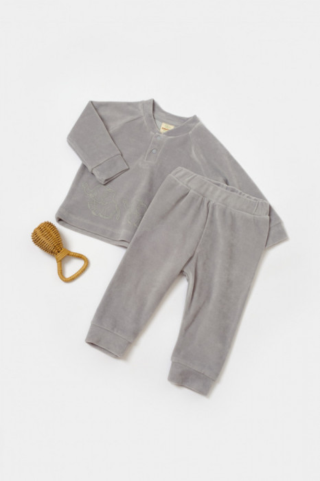 Set bluzita si pantaloni Elefant, 80%bumbac organic si 20% poliester - Gri, BabyCosy (Marime: 3-6 Luni)